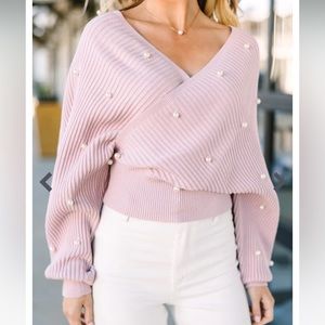 Shop The Mint Pink NWOT Blush Long Sleeve Sweater Cropped Pearl Detail